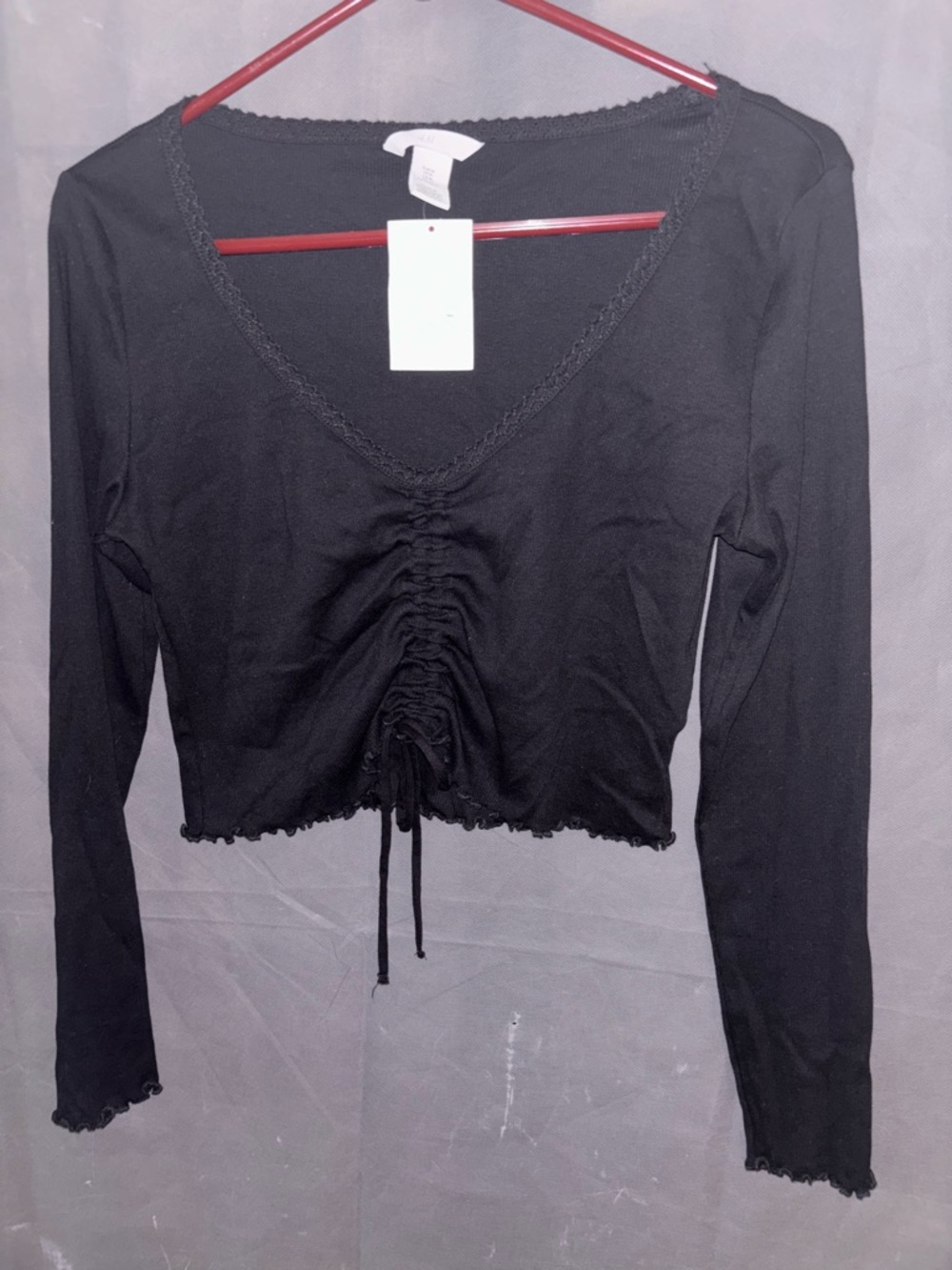 Sz M Black Cotton Ribbed H&M Long Sleeve Scrunched Ruched Tie Front Crop Top